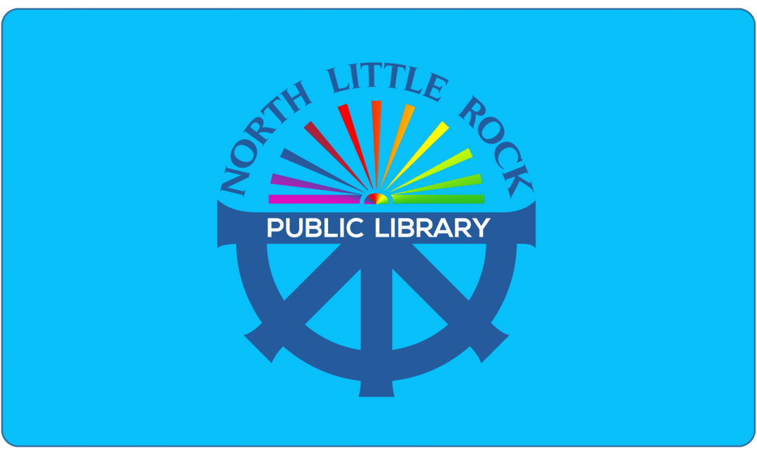 North Little Rock Public Library card with colorful design on a blue background