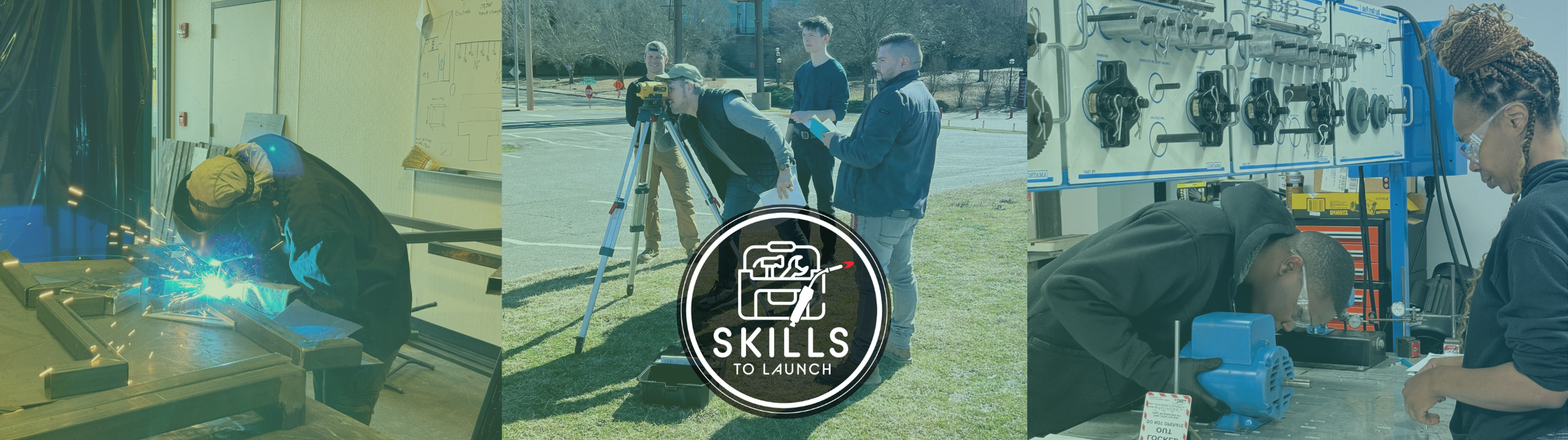 Students participate in welding, surveying, construction, and machinery classes as part of the Skills to Launch Training.