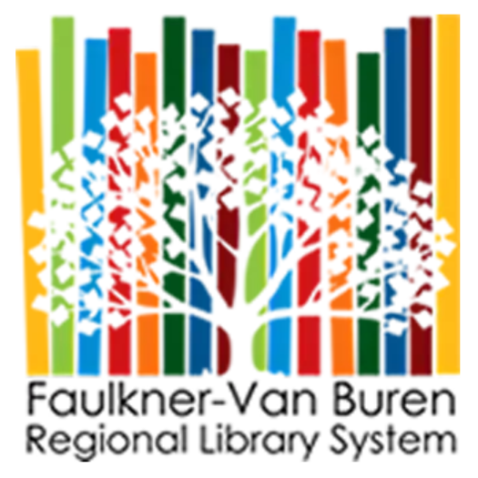 Logo of the Faulkner-Van Buren Regional Library System with colorful abstract design