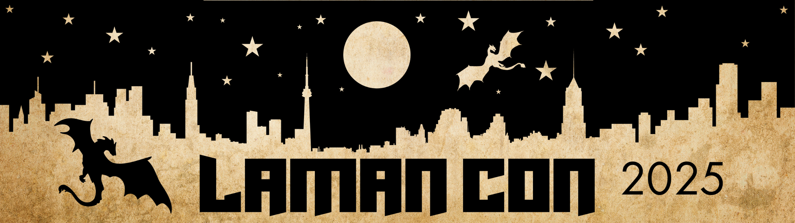 Silhouette of a city skyline with dragons and stars on an gold background, featuring 'LAMAN CON 2025'.