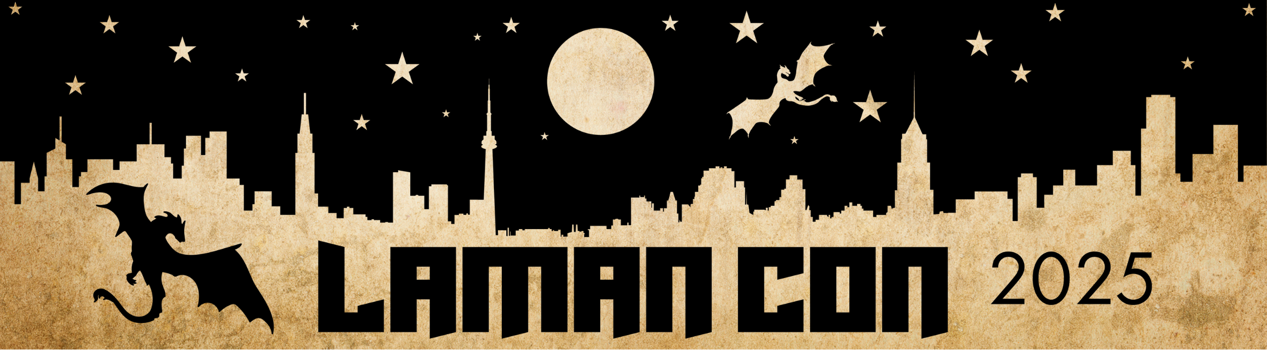Silhouette of a city skyline with dragons and stars on an gold background, featuring 'LAMAN CON 2025'.