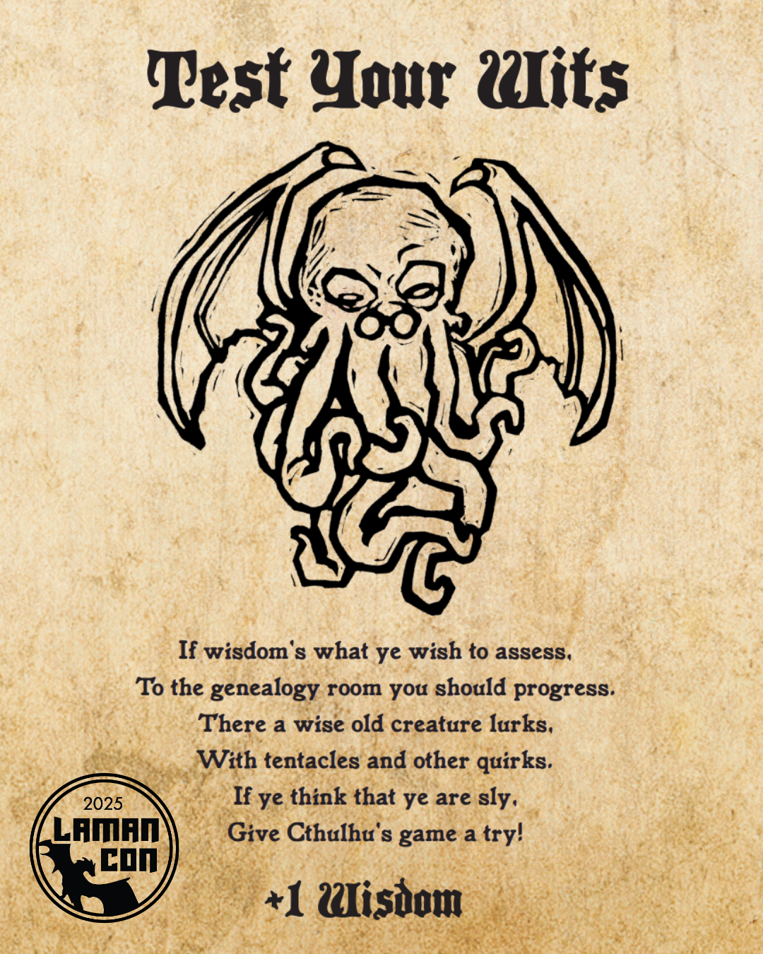 Vintage-style poster with Cthulhu illustration and text on a textured background, featuring Laman Con logo.