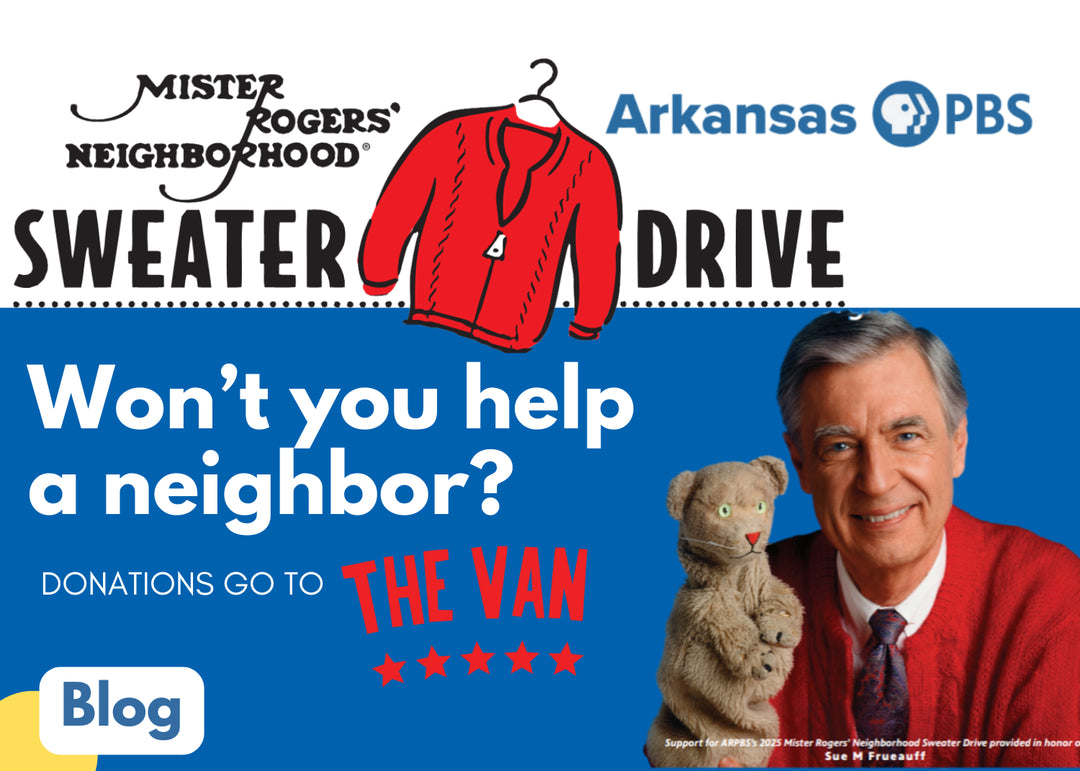 Advertisement for Mister Rogers' Neighborhood Sweater Drive with a red sweater, teddy bear, and Mr. Rogers on a blue background.