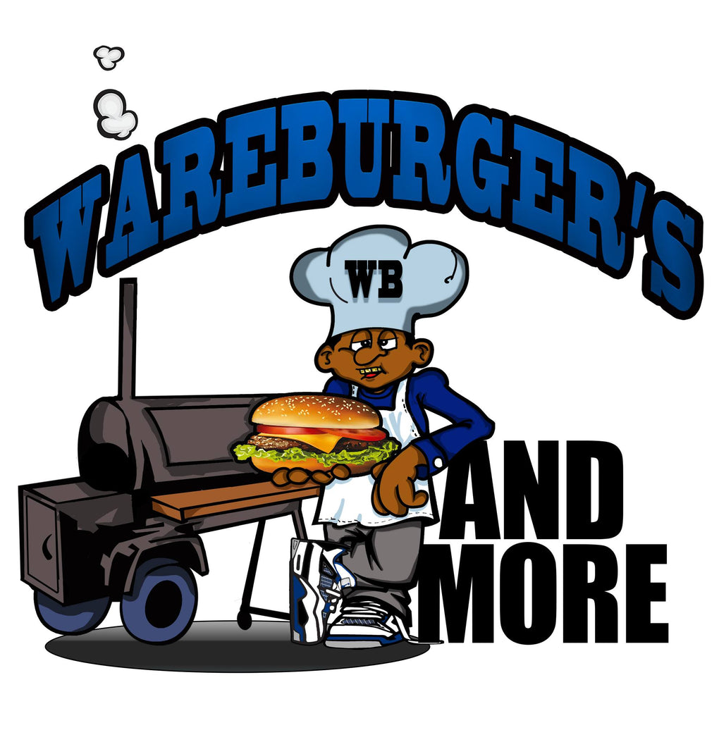Logo of Wareburger's with a cartoon chef and burger, on a white background